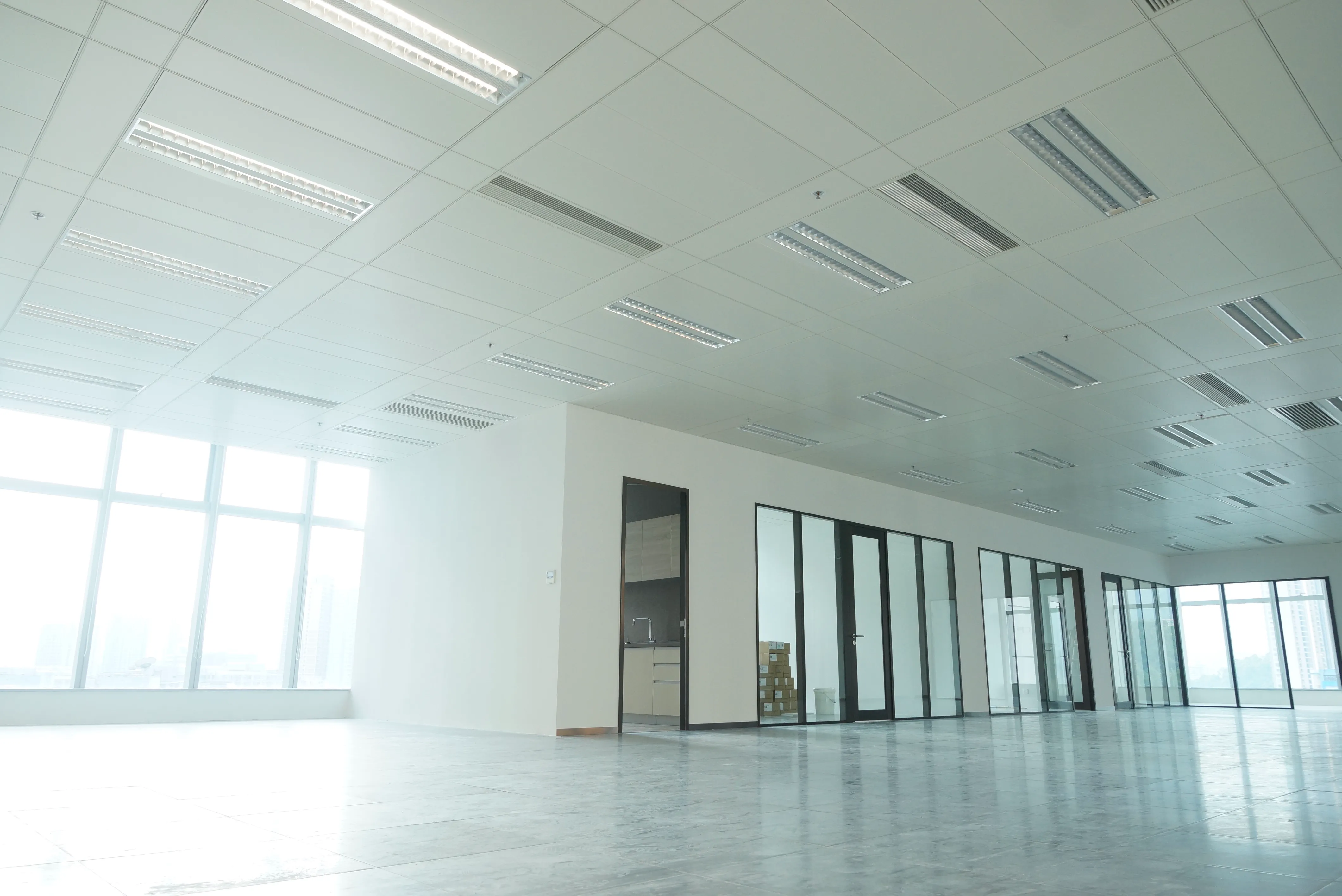 Tartan grid ceiling system in an office interior
